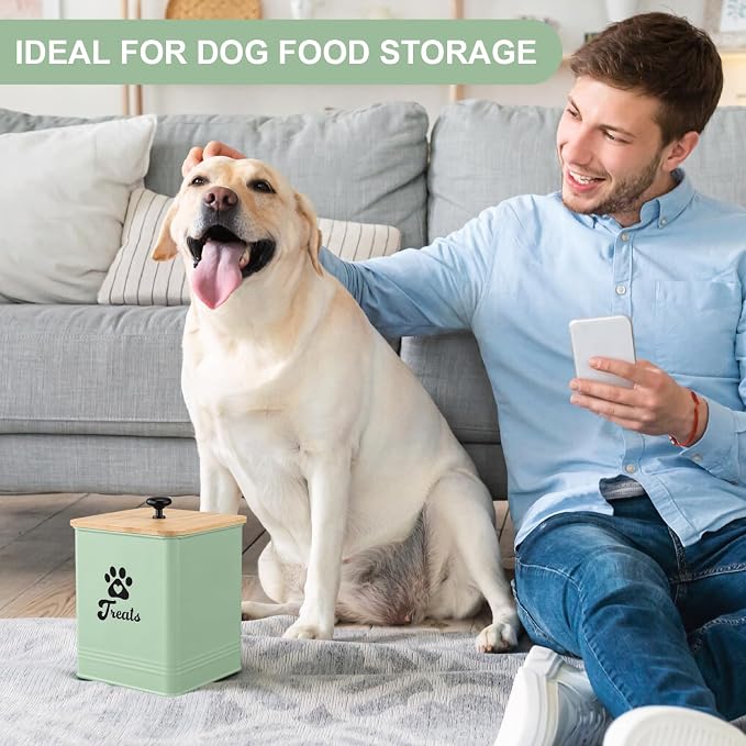 Dog Treat Container Airtight, 5.7"W x 6.7"H Iron Pet Treat Jar with Bamboo Lid, 12 Cup Food Storage Canister for Kitchen Counter, Decorative Pet Cookie Jar for Dog Snacks Kibble,Saga Green