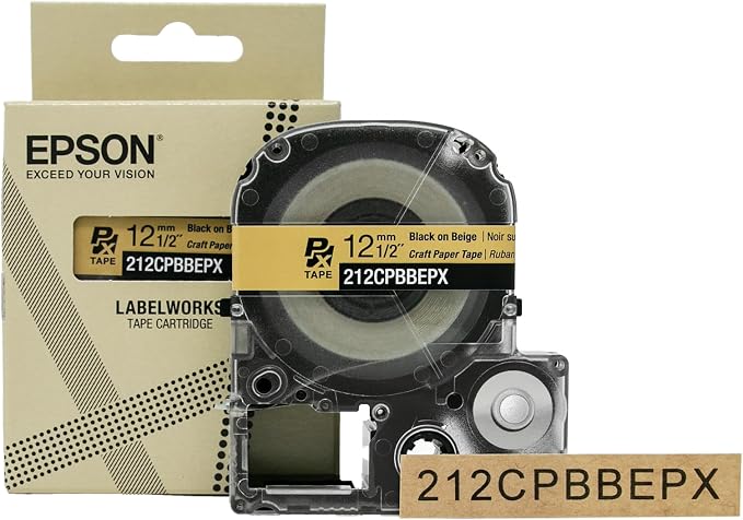 Epson LABELWORKS 212CPBBEPX Craft Paper Tape - Black on Beige - 1/2" (12mm) | Genuine Epson craft paper label tape, natural kraft look for gifts, crafts & organizing, Black on Beige, 12mm, 16.5ft