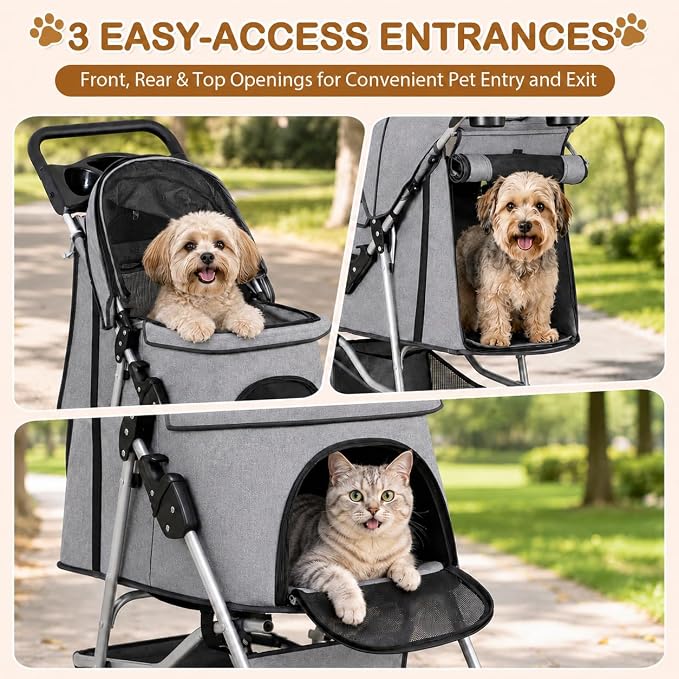 Pet Stroller 4 Wheels Dog Cat Stroller for Small Medium Dog Cats Carrier Jogger Travel Foldable Puppy with Storage Basket and Cup Holder (Grey)