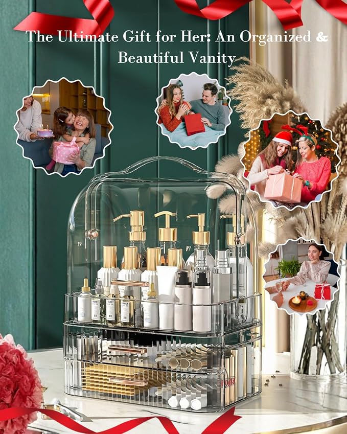 LINFIDITE Cosmetics Storage Box Transparent Lid Large Makeup Organizer Box Drawers Portable Handle Waterproof Dustproof Skincare Display Cases for Countertop, Bathroom, Dresser, PET,Clear Green