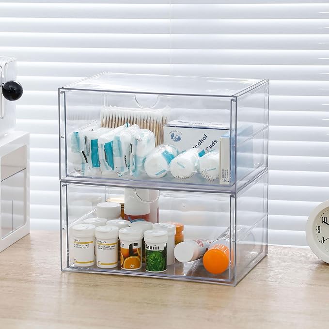 Clear Plastic Drawer Organizer, 2 Pack, 2 Drawers | Stackable, For Office Supplies, For Marker Pen, For Art Crafts & Stationery, For Coffee Pods