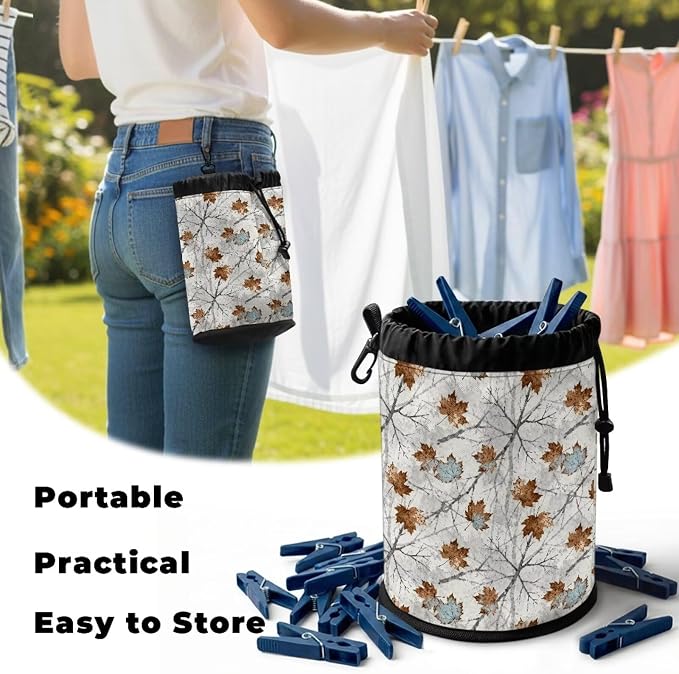 Large Capacity Clothespin Bag with Hanging Hook Bare Branch Maple Leaf Waterproof Clothes Pin Hanging Bag Clothespin Storage Organizer with Large Opening