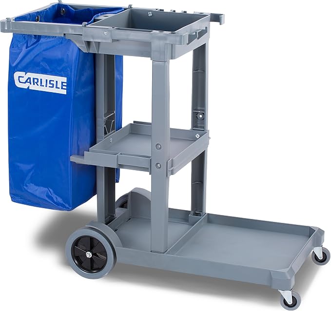 Carlisle FoodService Products Janitorial Cart with 25 Gal Bag, Gray | Short Platform, 3 Shelves, Polyethylene, Broom Holders and Hooks, Non-Marking Wheels, Mop Bucket Platform