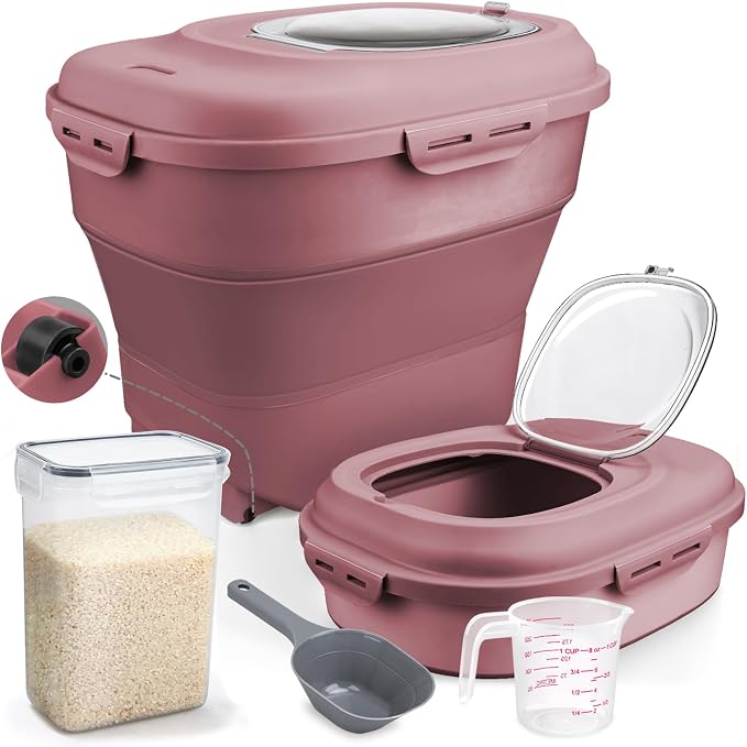 Komzon Rice Storage Bin Cereal Containers, 13-50lb Collapsible Rice Container Dispenser with Transparent Lid, Rolling Wheels, Measuring Cup and Scoop, Airtight Dog Cat Pet Food Storage Container Pink