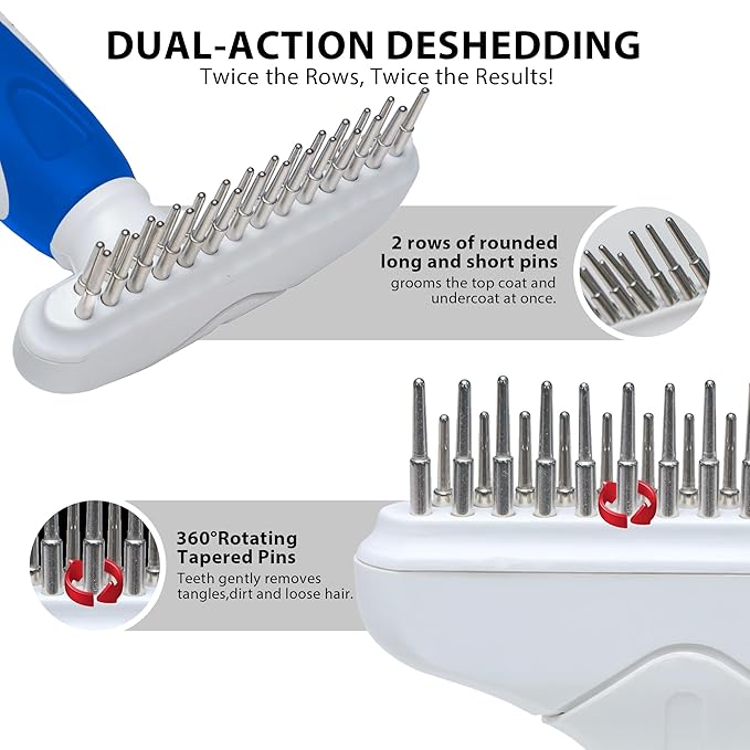 Dog Cat Grooming Tool Rake, Pet Dematting Tool with Stainless Steel Shedding Comb, Double Row Pet Rake Gently Remove Loose or Tangled Hair from Undercoat Blue