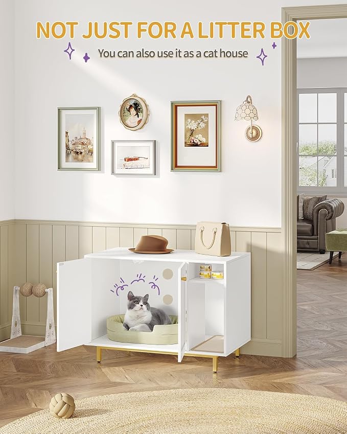 Hzuaneri Cat Litter Box Enclosure,Hidden Litter Box Furniture with Storage | Large Wooden Cabinet with Sisal Mat, Modern Cat Washroom for Living Room, Bedroom, Entryway, White and Gold CB84903A