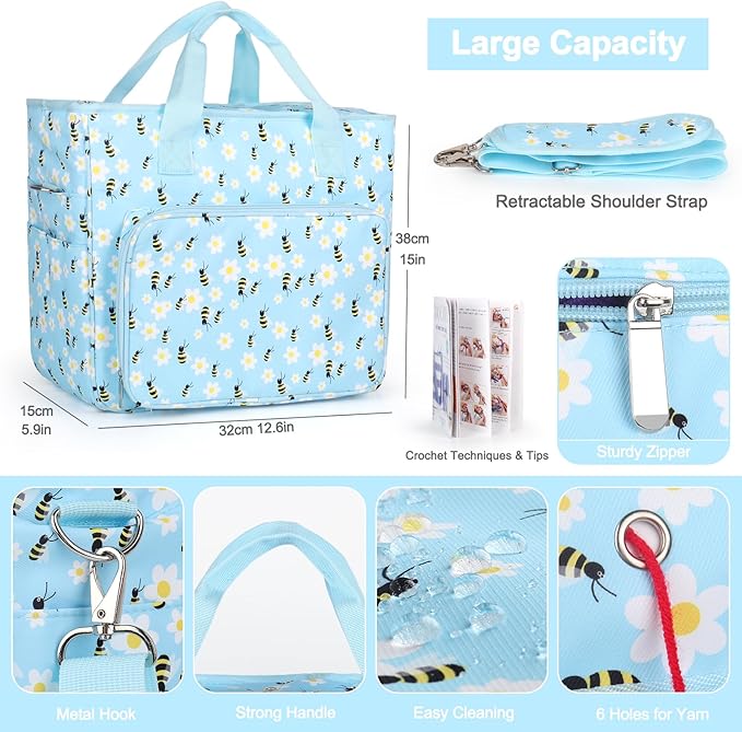 Katech Large Crochet Bag with Beginner Crochet Books, Yarn Storage Organizer Crochet Travel Bag for Crochet Hook, Knitting Accessories, Knitting Bag Crochet Tote Bag for Crochet Lover Gift
