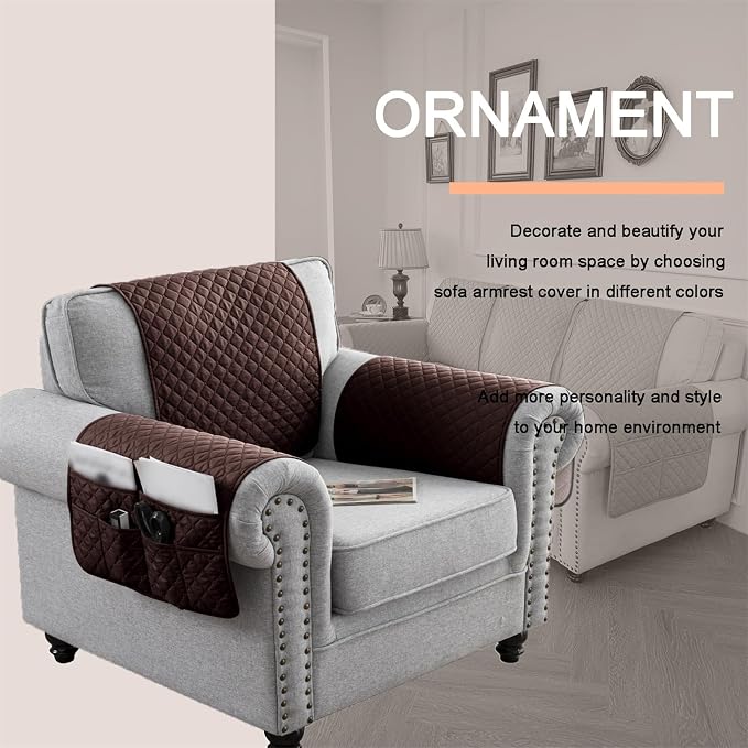 Water-Resistant Sofa Armrest and Headrest Covers with Side Pocket | Keep remotes close quilted polyester helps guard against wear, pet scratches, and kids' messes silicone backing adds grip