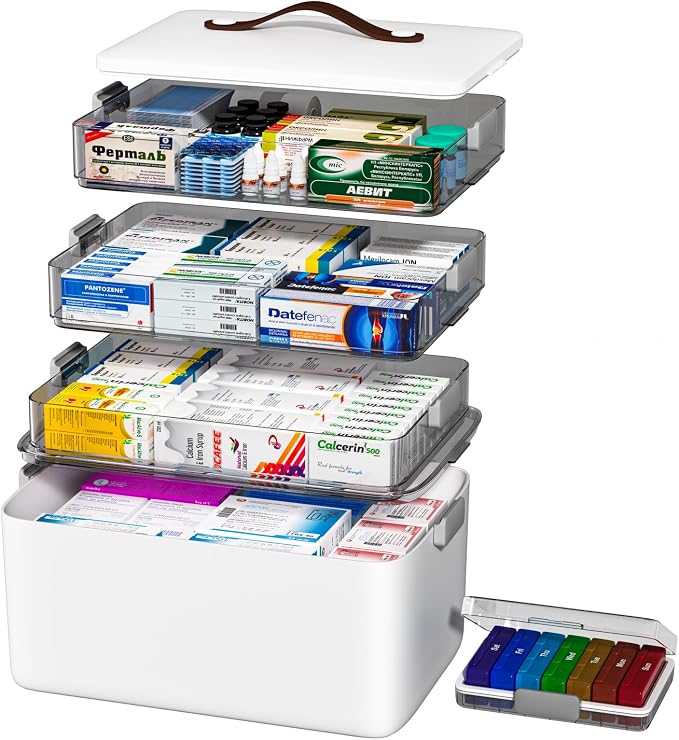JOYBOS Medicine Storage Box Organizer, Plastic, White, 4-Tier with Handle, Lockable, Waterproof, Airtight, Dustproof,