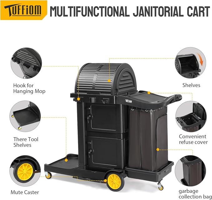 TUFFIOM Janitorial Cart with Key-Locking Cabinet, 3-Shelf Commercial Cleaning Cart with Wheels, Housekeeping Caddy with Locker, Black, Great for Hotel, Stores, Schools, and Business