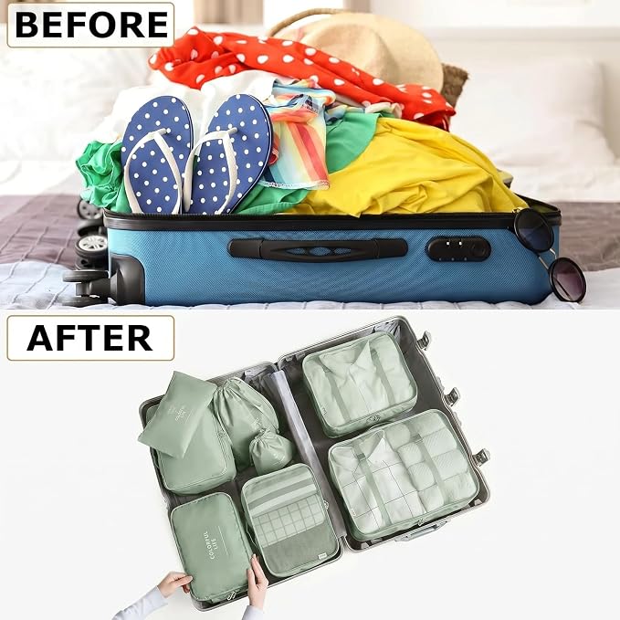 LANSKLBD 6/8 Set Packing Cubes for Suitcases Travel Luggage Packing Organizers,Travel Accessories Essentials Luggage Organizer with Shoe/Tioletry/Laundry Bag (Matcha Green, 8 set)
