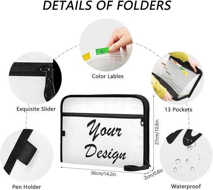 13 Pocket Zipper Expanding File Folder A4 Custom Design | Accordion File Organizer with Front Pouch A4 Letter Size Portable Folders for Documents Receipt School Office Supplies