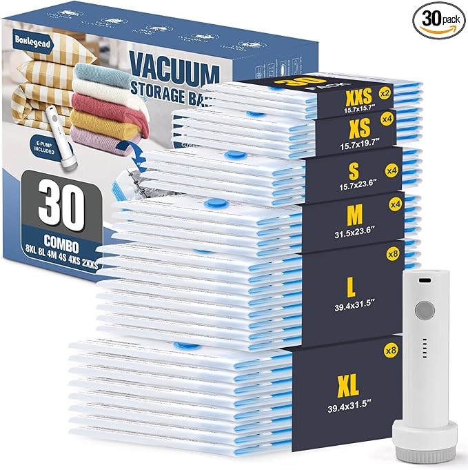 BoxLegend Vacuum Storage Bags with Electric Pump 30 Combo (8XL, 8L, 4M, 4S, 4XS, 2XXS) Heavy-Duty Thickened Vacuum Seal Bags for Clothing Space Saving for Closet & Travel Pillow Comforters Bedding