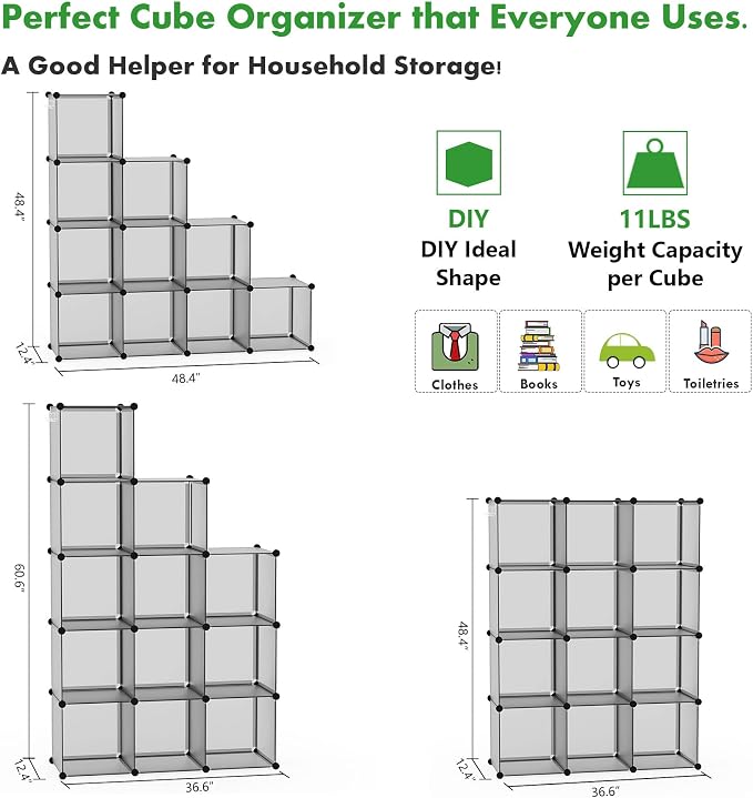 C&AHOME Cube Storage Organizer, 12-Cube Shelf Units, Closet Cabinet Grey | DIY Plastic Modular Bookshelf, Stackable Clothes Organizer Shelving Ideal for Home, Bedroom, 36.6" L x 12.4" W x 48.4" H