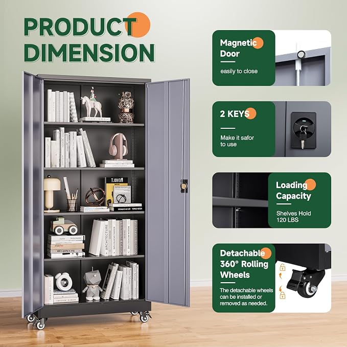 Metal Garage Storage Cabinets with Lock Door and Adjustable Shelves, Steel Tool Cabinets for Home,Office,Warehouse Organisieren (Black Grey, 75" H)