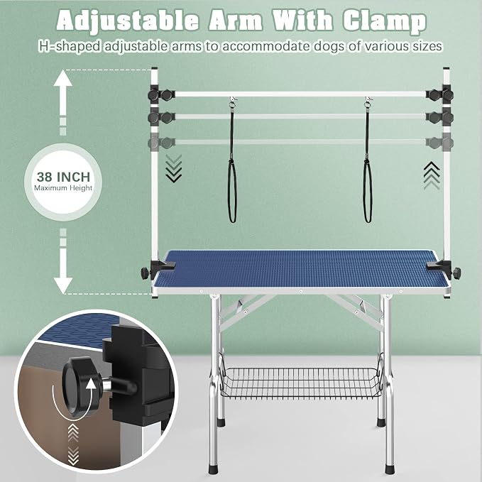 46'' Stainless Steel Pet Dog Grooming Table, Arm/Noose/Tray, Blue | Foldable Dog Grooming Table for Dogs at Home, Adjustable Height Arm, Non-Slip Waterproof Tabletop, Capacity 330Lb