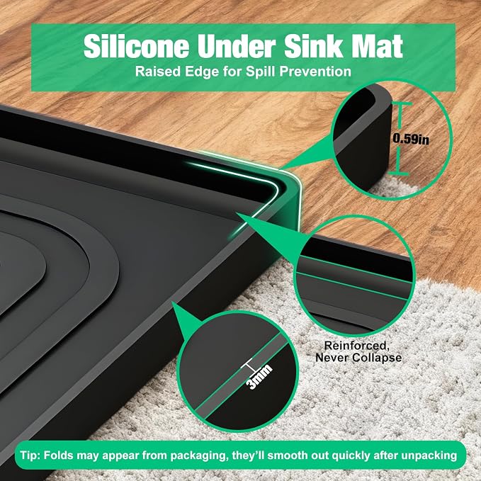 Aisslro Under Sink Mat 25" X 19", Waterproof Silicone Under Sink Mats for Kitchen, Anti-Leak Shelf Liner & Cabinet Protector with Raised Edge, [BPA Free] Bathroom Tray Home Organizer, Black | BPA-Free Raised-Edge Cabinet Protector & Leak Tray for Bathr...