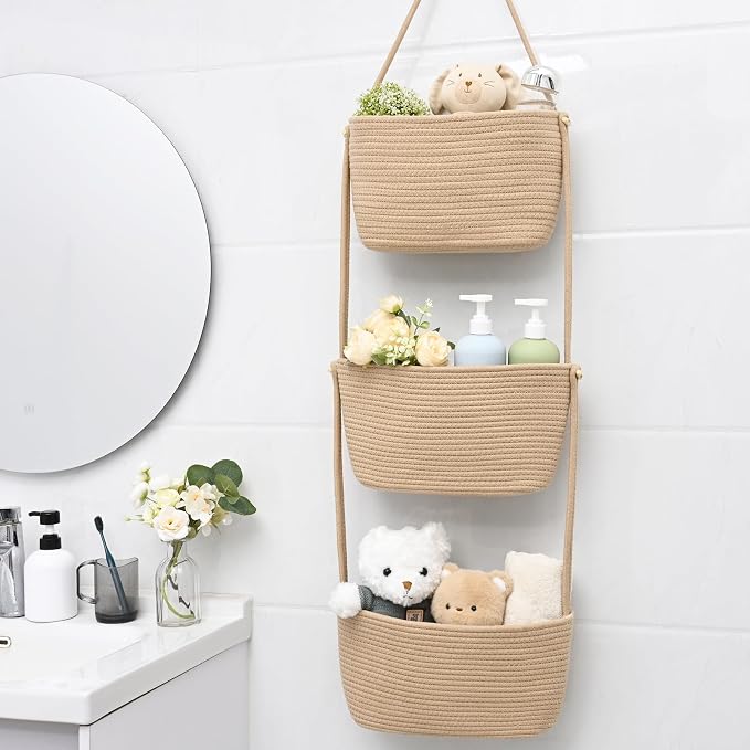 Hanging Basket, 3-Tier Woven Wall Basket with 4 Hooks, Cotton Rope Storage Baskets, Over the Door Organizer for Nursery, Bedroom, Cottage and Boho Wall Decor