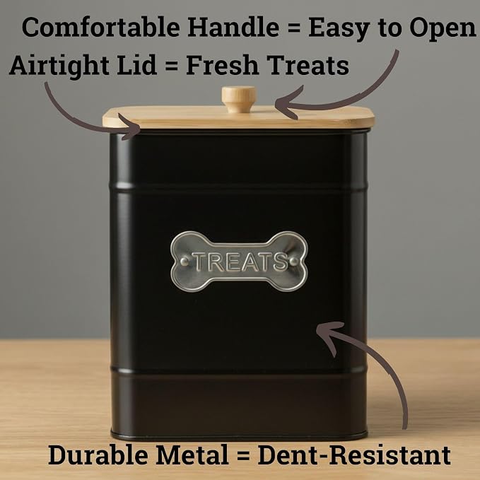 Dog Treat Container Airtight, 6"W x 8"H, Powder Coated, 12 Cup Capacity | Fits All Popular Treats, 12 Cup Capacity, Airtight Bamboo Lid, Easy Open Lid, Dent-Resistant Durable Metal