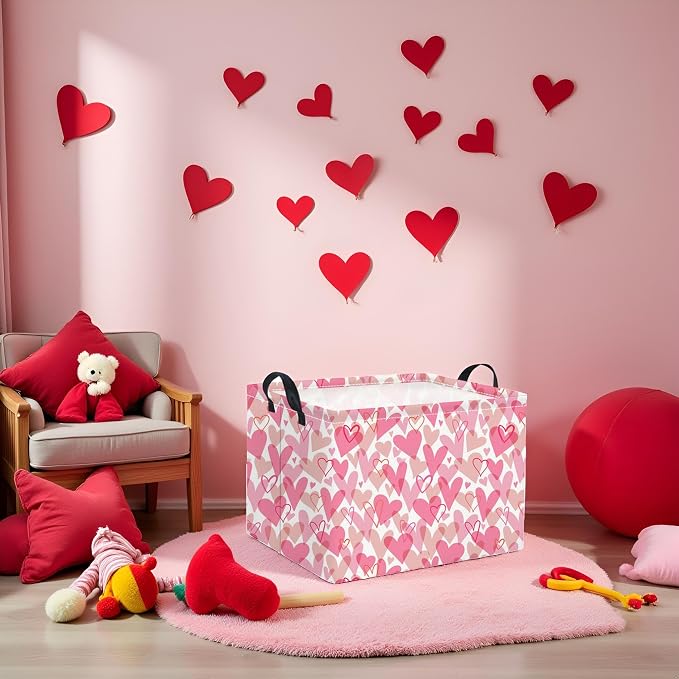 Rectangular Valentines Basket for Women Girls Storage Bin Organizer Box Shelf Room Decor(Romantic Hearts)