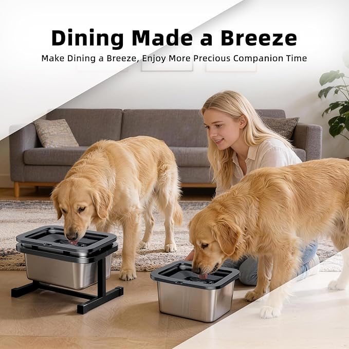 PAKEWAY 2.7 Gal Elevated No Spill & Slow Drinking Dog Water Bowl with Adjustable Metal Stand, Stainless Steel Bowl for Large Dogs & Multi-Pet Homes