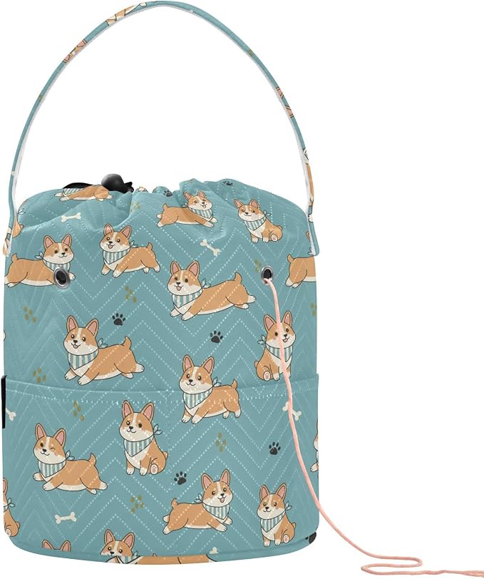 Cute Dogs Pets Blue Crochet Bag Organizer Portable Yarn Storage Yarn Holder with Drawstring Closure Crochet Accessories Knitting Bag for Knitting Kit Supplies Travel