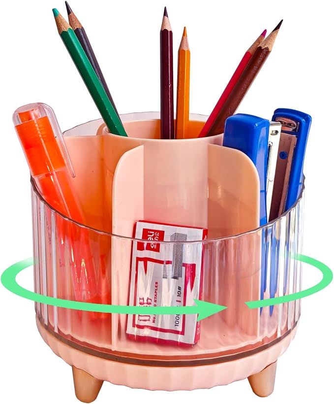 Rotating Desk Organizer with 7 Slots, 360-Degree Pencil Holder, Office Supply Storage for Home, School (Transparent Pink)