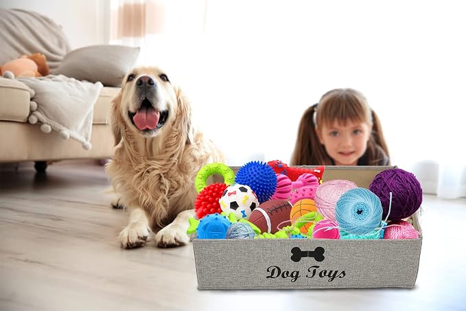 Large Dog Toys Storage Bins - Foldable linen Trapezoid Organizer Boxes with weave Rope Handle, Collapsible Basket for Shelves (Light Brown-DOG)