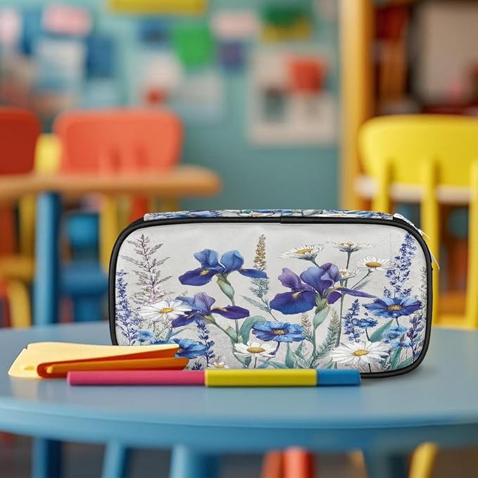 Cute Pencil Case for Girls Boys, Watercolorblue Purple Wildflowers Portable Pencil Bags Pouch Pen Case Organizer with Zipper for School College Office