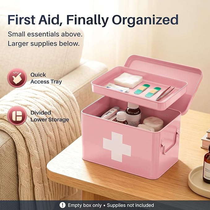 Flexzion Large Metal First Aid Box Empty, 8.5-Inch, Pink with White Cross | Vintage Medicine Box and First Aid Storage Organizer with Removable Tray and Dividers; Empty Box Only, Supplies Not Included