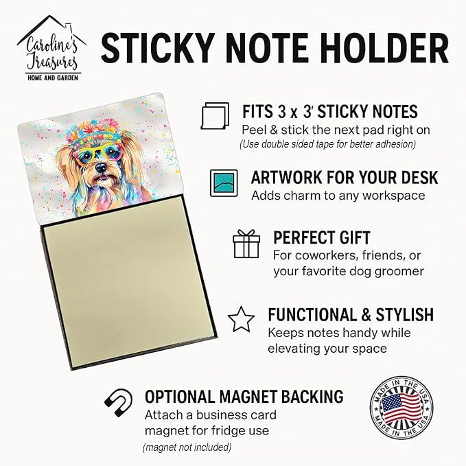 Caroline's Treasures Yorkshire Terrier Hippie Dawg Sticky Note Holder Refillable Dispenser Self-Sticky Note Pads, Memo Pads Blank Desk Accessories