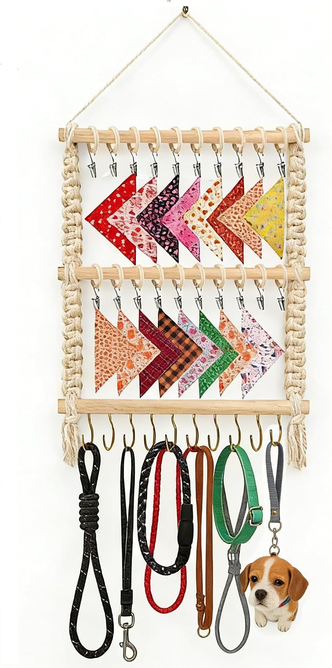 Dog Bandana Holder- Wall Hanging Dog Leash Holder Macrame Pet Accessory Organizer & Decor Hanging Headband Holder,Dog Collar Display (White)