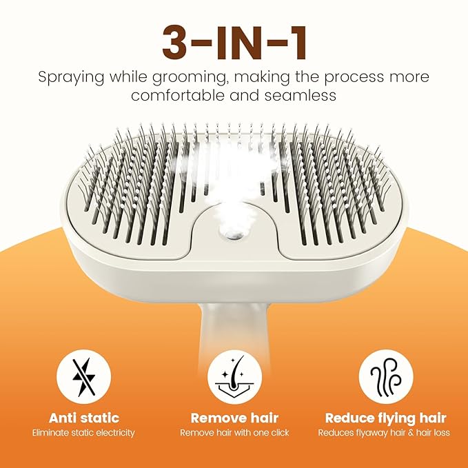 Glendan Pet Steam Brush for Shedding - 3-in-1 Spray Grooming Comb for Dogs & Cats - Self-Cleaning Mist Brush Softens Fur & Reduces Static - Ideal for Long Short Hair and Bath-Hating Pets