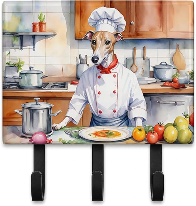 Caroline's Treasures Whippet The Chef Leash or Key Holder Wall Hooks, Key Hooks Holder, Coat Rack Wall Mount, Coat Hooks, Hooks for Hanging Keys, Towels, Aprons, Leashes | Whippet The Chef artwork on ceramic tile with three steel hooks for keys, leashe...