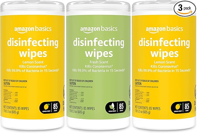 Amazon Basics Disinfecting Wipes, Lemon & Fresh Scent, Sanitizes/Cleans/Disinfects/Deodorizes, 255 Count (2 Packs Lemon, 1 Pack Fresh Scent)