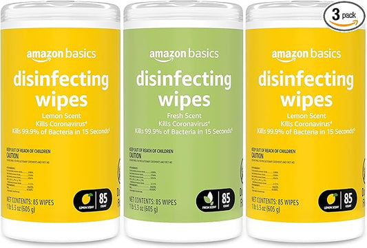 Amazon Basics Disinfecting Wipes, Lemon & Fresh Scent, Sanitizes/Cleans/Disinfects/Deodorizes, 255 Count (2 Packs Lemon, 1 Pack Fresh Scent)
