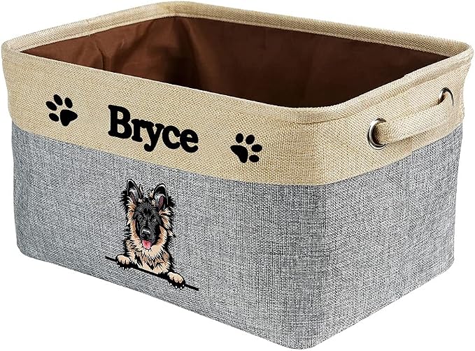 Personalized Fabric Dog Toy Storage Basket with Funny Dog German Shepherd Collapsible Sturdy Fabric Pet Toys Storage Bin Cube with Handles for Organizing, Grey and White