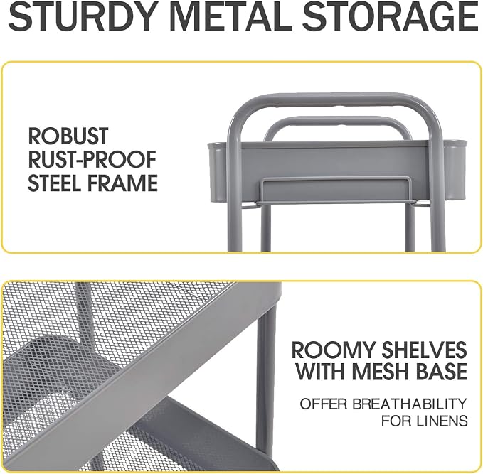 TOOLF 3 Tier Metal Rolling Cart, Utility Storage Cart with Wheels, Grey | Screwless Assembly, Lockable Metal Wheels, Trolley Organizer for Bathroom, Kitchen, Office, Dorm, Laundry, Craft Room