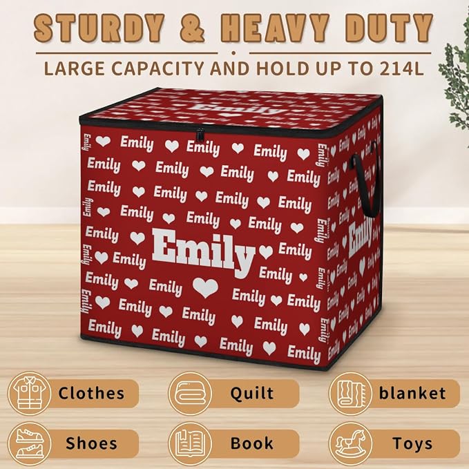 Personalized Name Foldable Storage Basket Cubes with Lid, Laundry Hamper Dirty Clothes Pet Toys Storage Bin with Handles for Shelf Home Closet Kitchen, Solid Red Background with Love Heart
