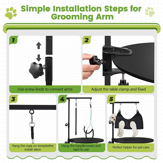 Dog Grooming Table Arm, 35-Inch Adjustable Clamp with Hammock | Adjustable Height, Secure Table Clamp, Hammock & No-Sit Holders, Small & Medium Pets, Grooming Table Not Included