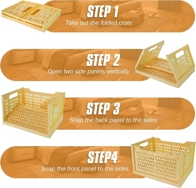 2 Pack Stackable Storage Crates, Plastic Foldable Baskets Tall Yellow | Easy-carry handles, suitable for toys books groceries office supplies and household storage for home office shopping