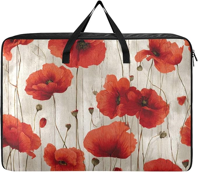 Comforter Storage Bags Large Folding Blanket Organizer Bag with Strong Handles Clear Window Closet Storage Containers for Clothes King Queen Pillows Bedding Quilt Duvet Rustic Red Poppy Flowers