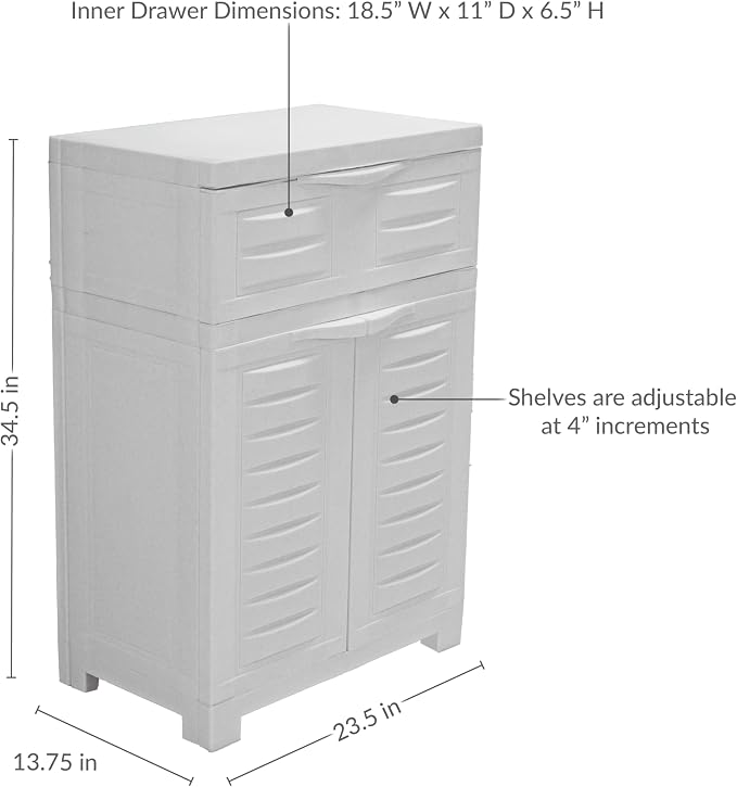 Sunnydaze 34.5" Garage Storage Cabinet with Adjusting Shelf, Speckled White | Heavy Duty Resin Storage Cabinet Resists Rust & Peeling, Utility Cabinet with Drawer & Anti-Tip Kit for Laundry, Office