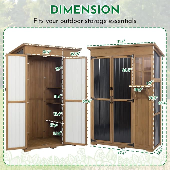 Ketive Outdoor Storage Cabinet, Large Wood & Metal Garden Shed with Foldable Table, Weather-Resistant Asphalt Roof, Lockable Doors & Adjustable Feet for Patio, Backyard, or Garage (47"L x 20"W x 70"H)