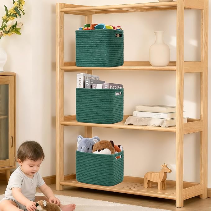 3 Pack Cube Storage Bin, 9”x9”x7” Cotton Rope Woven Baskets for Organizing Toys Clothes Towels, Square Gift Storage Baskets for Shelves, Nursery, Closet, Bathroom, Pantry (Green)