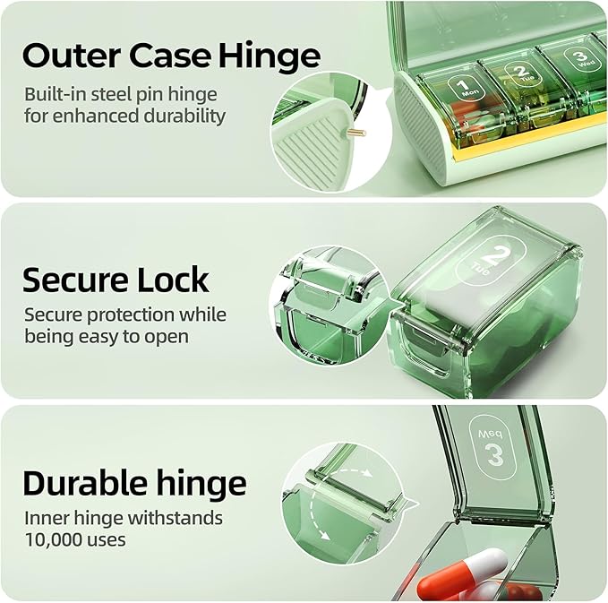 Weekly Pill Organizer,Portable 7 Day Pill Box,Moisture Proof Medicine Pill Organizer,Travel Pill Case with BPA-Free Material,Pocket-Size for Supplements & Vitamins (Green)