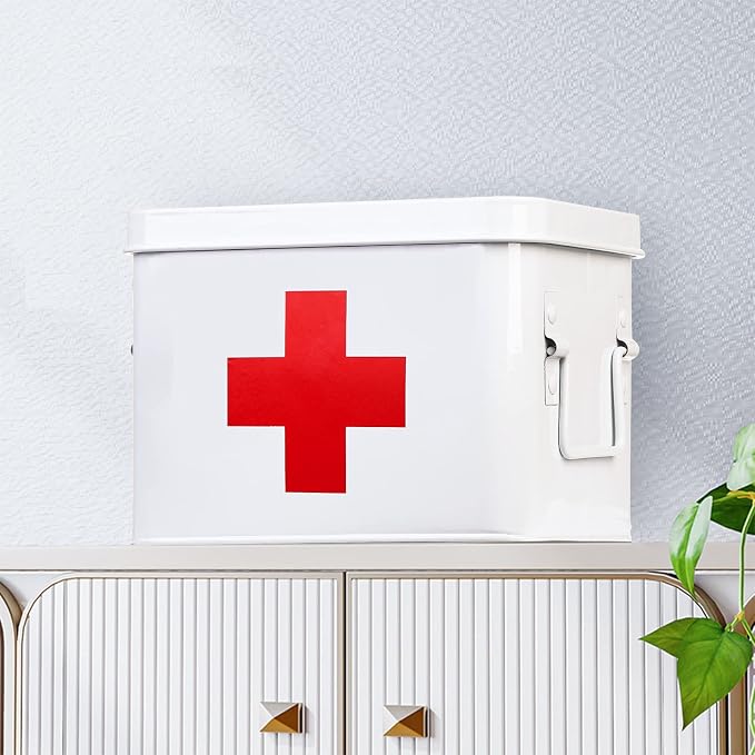 WUWEOT Metal First aid Box, Divided Medicine Tin First Aid Kit, Vintage Antique Empty Boxes with Lid and Removable Tray for Home Family Emergency Tool