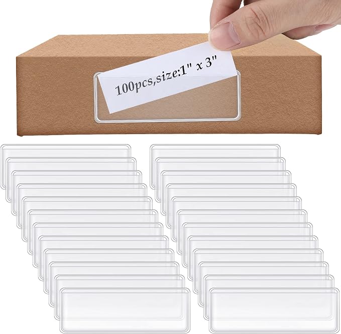 100 Pcs Label Holder Self Adhesive Clear Pocket Bulk 3x1 Inch | Plastic Sticking Shelf Tag for Shelf, Cabinet, Storage Bin Organization, Easy Peel Stick, PVC, Waterproof and Reliable