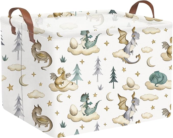 Rectangular Dinosaur Baskets,Watercolor cute dragon fairy tale kids nursery basket,Cloud moon star dragon egg laundry basket for kid,Toys Box,Dinosaur Room Decor(Cute dinosaur)