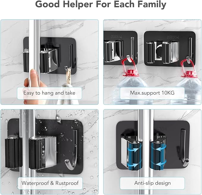 homeasy Broom Holder Wall Mount 4Pcs, Self Adhesive Mop Broom Hanger | Self adhesive stainless steel broom organizer with 4 hooks, holds mops, brooms and garden tools without drilling